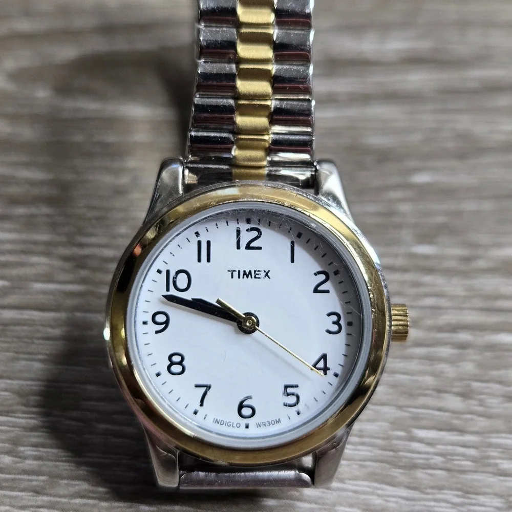 Timex Indiglo Women's Watch T2H371 Two Tone Expansion Band White Dial WR 30M S6